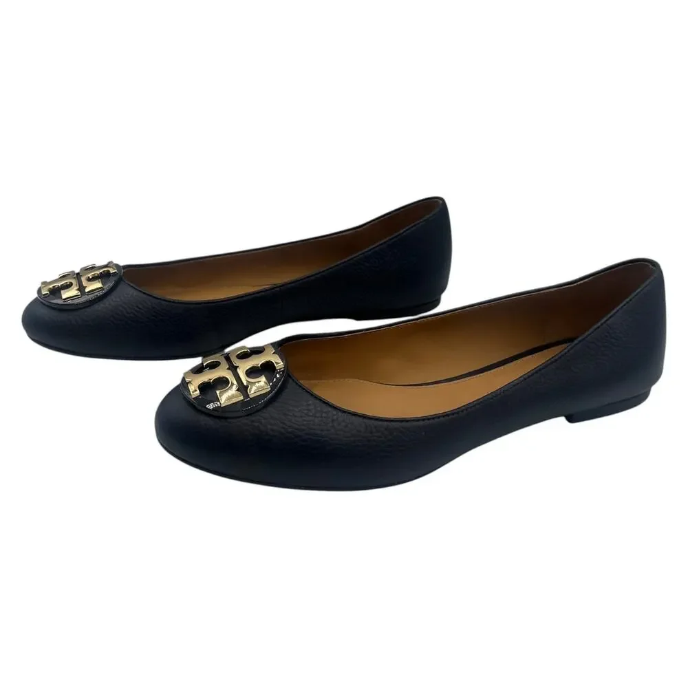 Tory Burch Eleanor Ballet Flat Navy Blue Leather Gold Double T Logo Sz 9